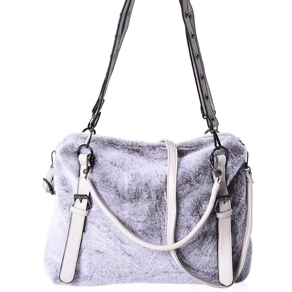 Light Gray Faux Fur Convertible Tote Backpack - Picture 1 of 4